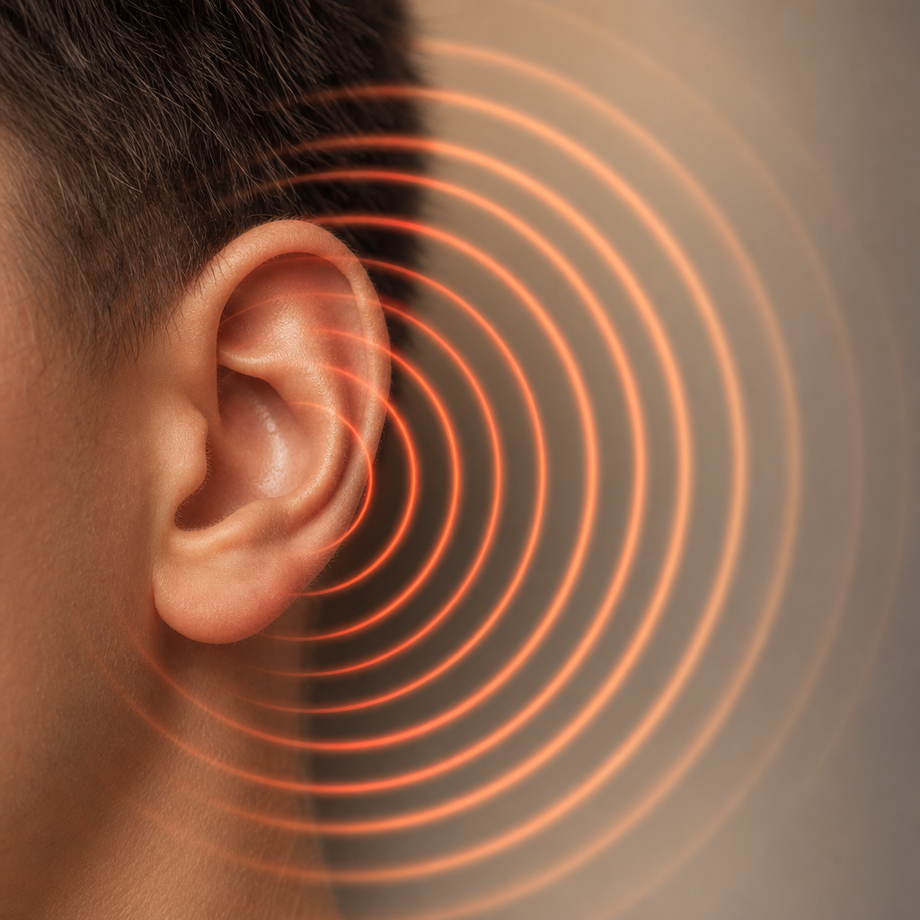 Sound waves radiating from an ear, illustrating unsafe noise exposure