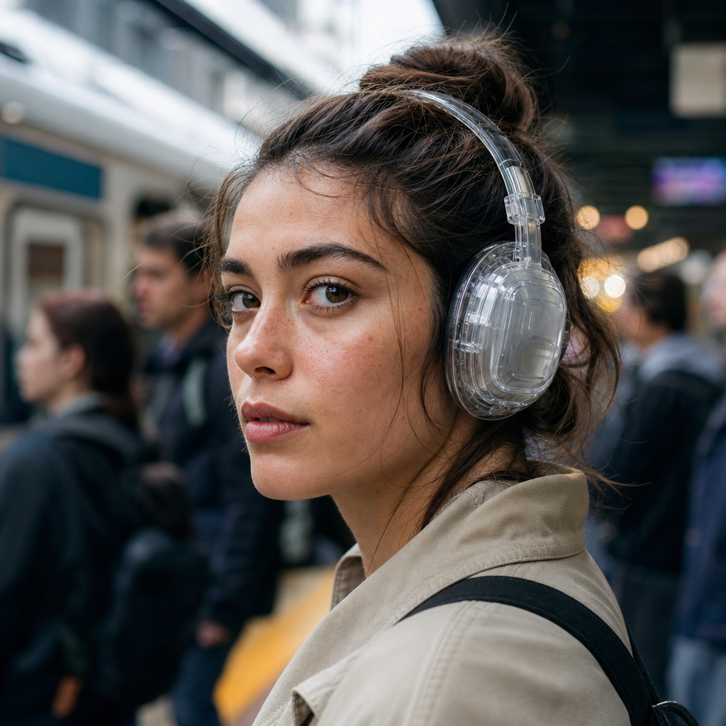 Person wearing hearing protection in a noisy urban commuting environment
