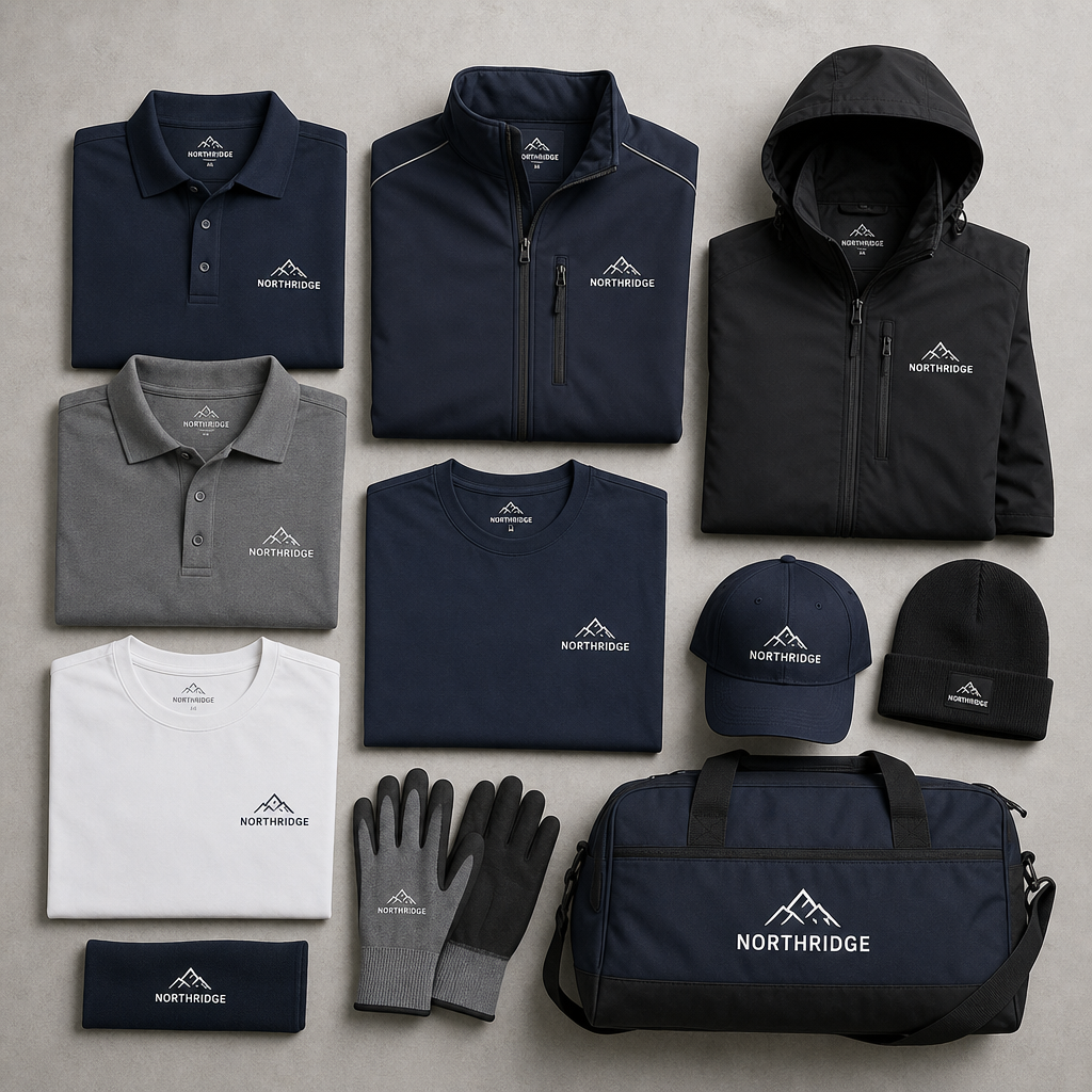 Flat lay of matching branded workwear bundle showing coordinated polo shirts, t-shirts, and jackets in consistent colours