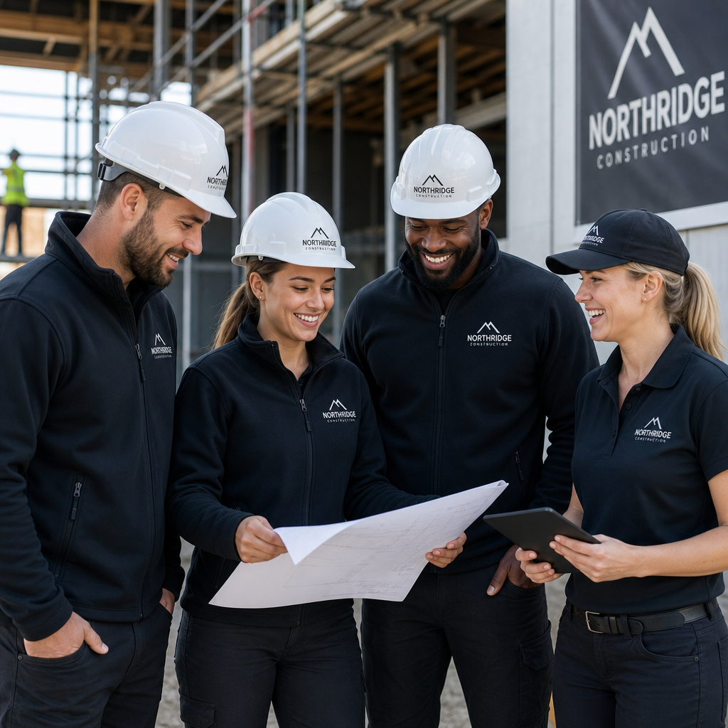 Team of workers wearing coordinated branded workwear bundle in a professional work environment, demonstrating uniform consistency