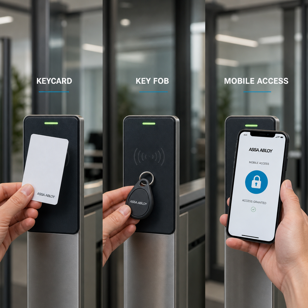 Three access control credentials compared: keycard, key fob, and mobile app on smartphone