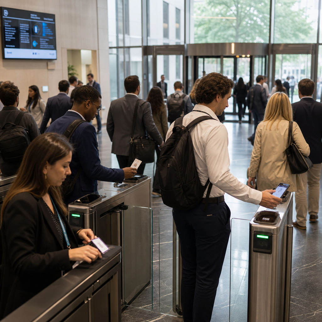 Office employees entering building through security checkpoint during busy hours
