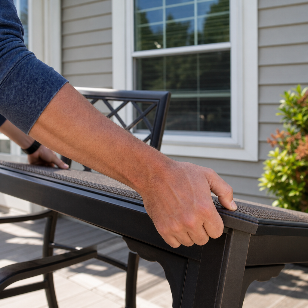 Patio furniture being relocated away from the exterior of a home