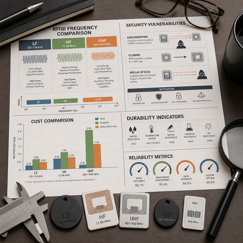 Visual security and cost comparison elements arranged on desk surface