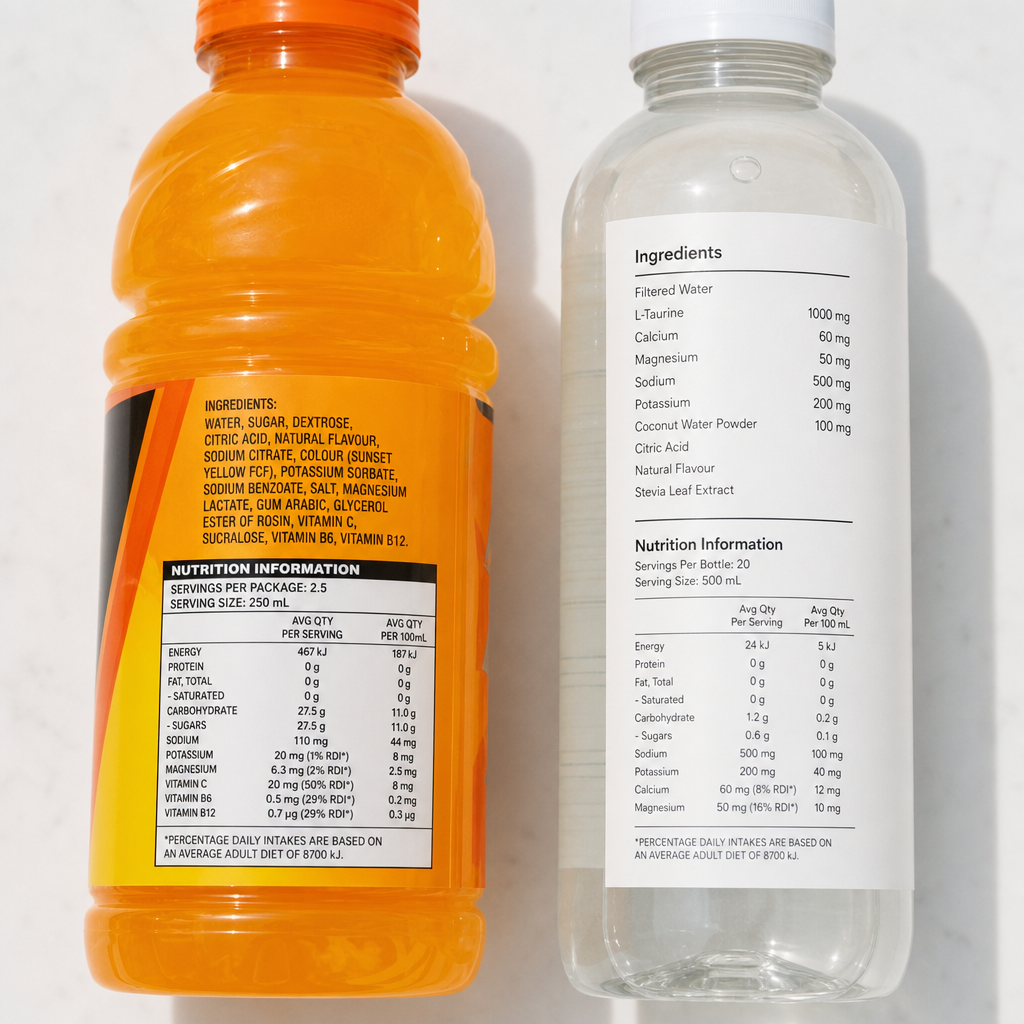 Two hydration beverages displayed with visible ingredient labels for comparison