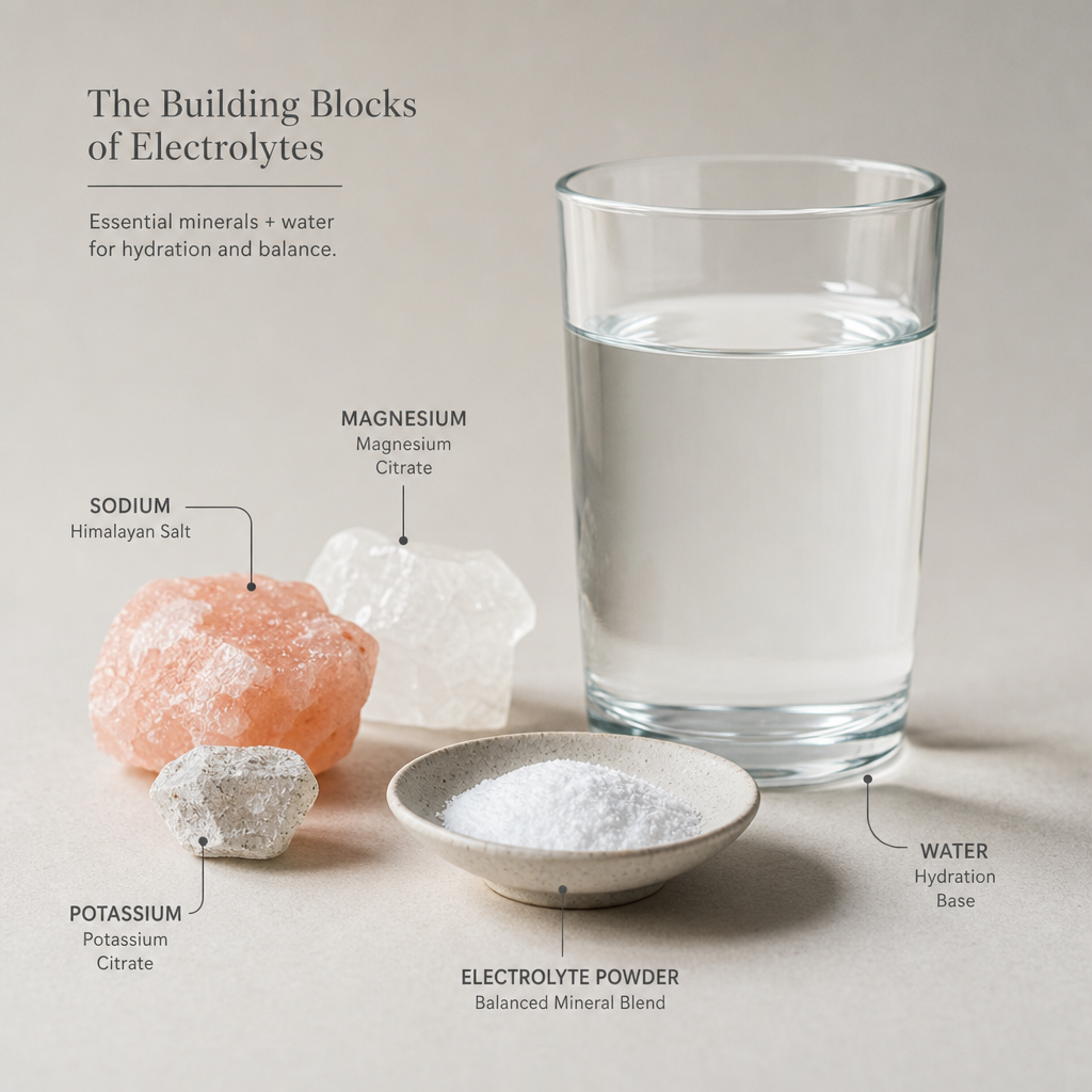 Electrolyte minerals and powder displayed to show key hydration ingredients