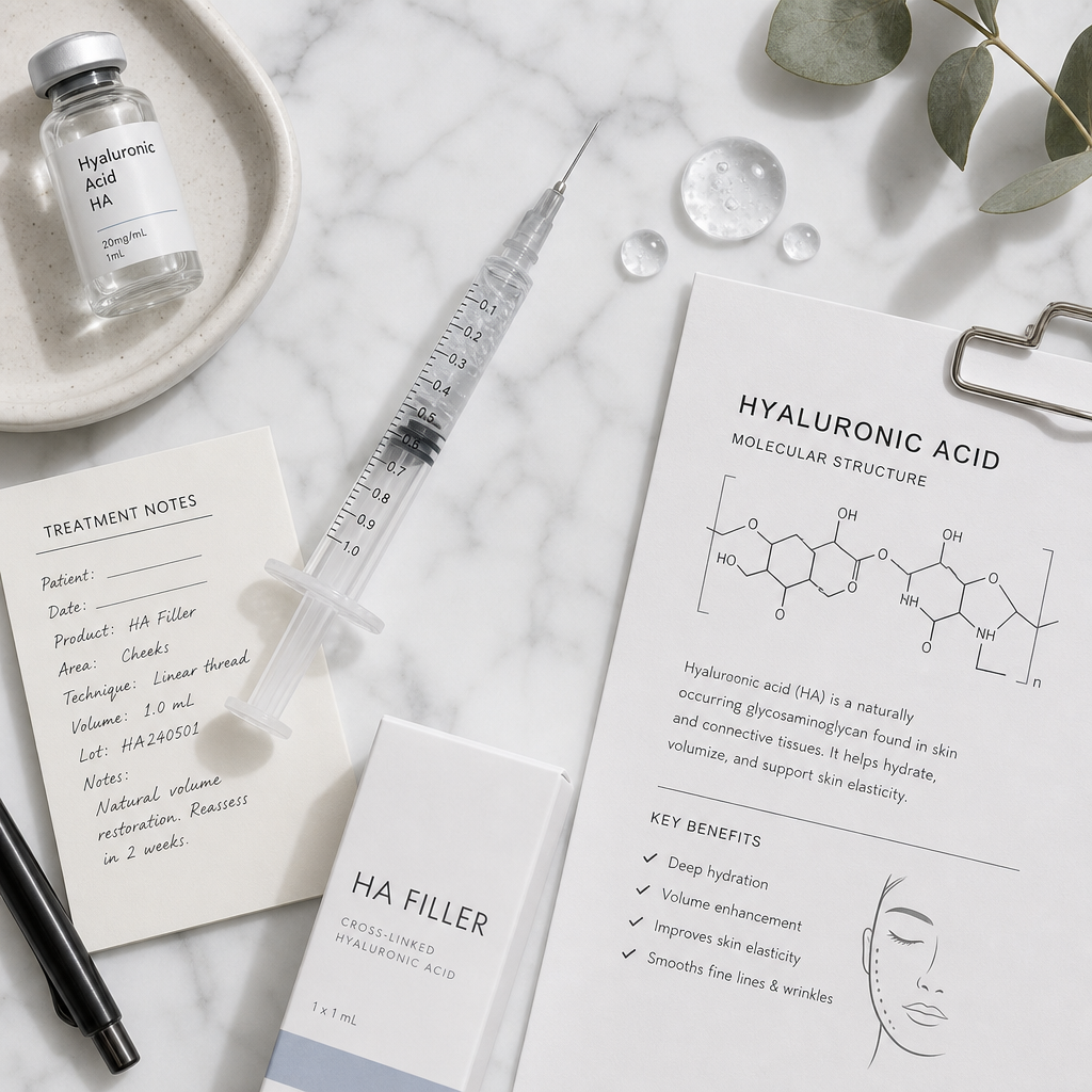 Flat-lay of injectable filler syringe, molecular diagrams, and medical documentation