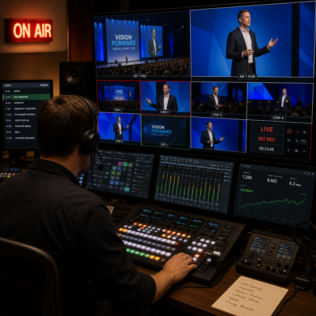 Live streaming control room with technical director monitoring multiple video feeds and broadcast equipment