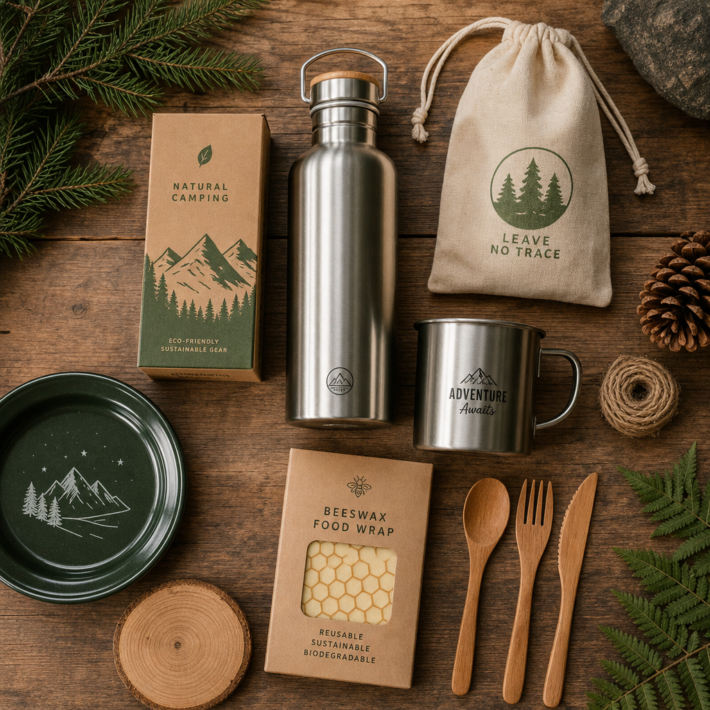 Eco-friendly camping beverage gear and sustainable outdoor accessories arranged on wood