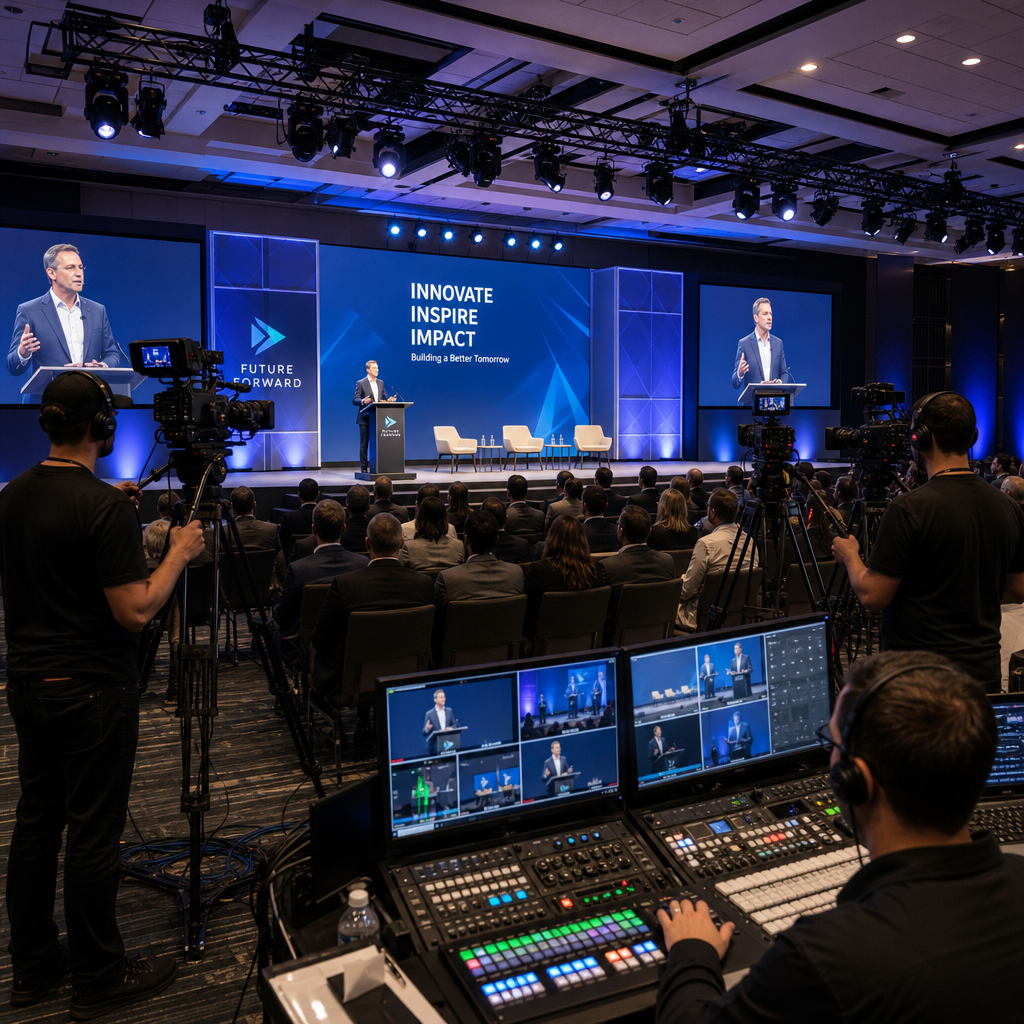 Multi-camera production setup at a corporate event stage with professional lighting and audio equipment