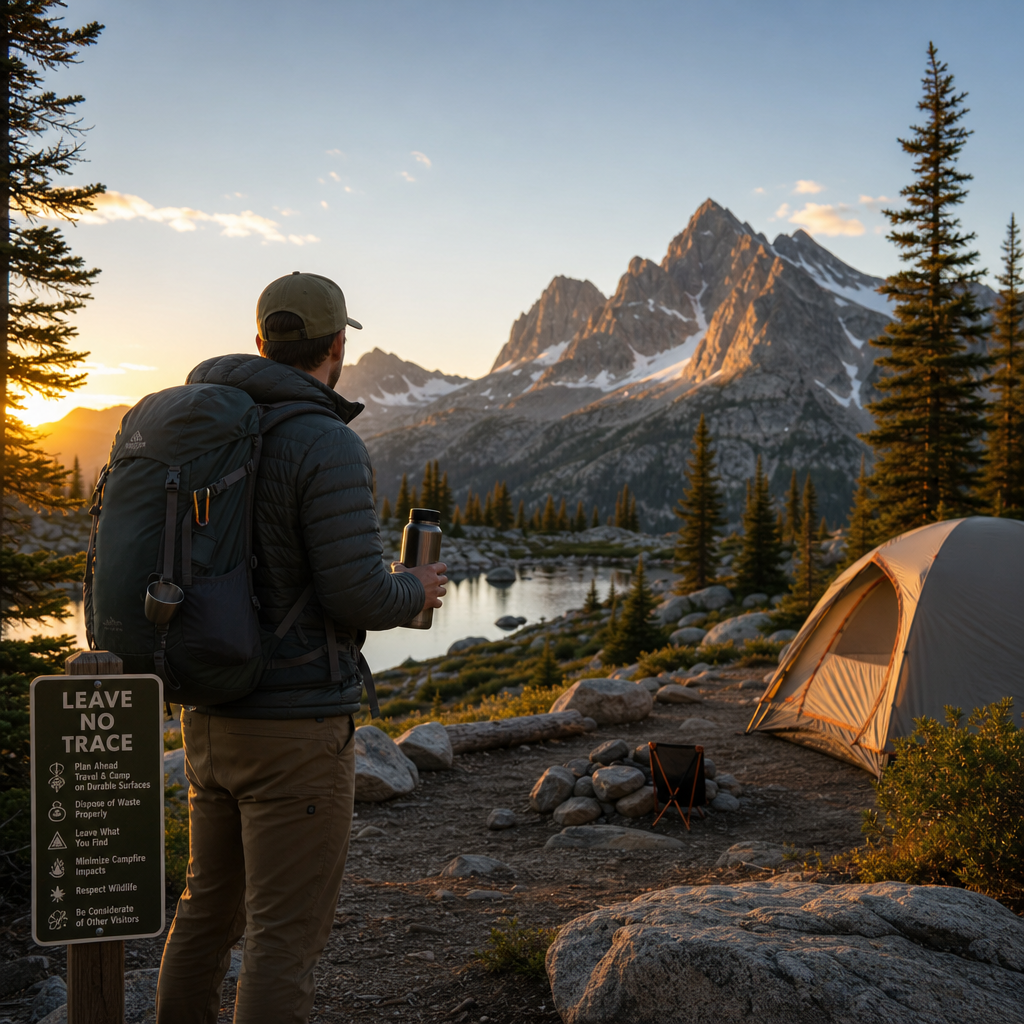 Hiker enjoying a beverage in a sustainable insulated container at a wilderness campsite