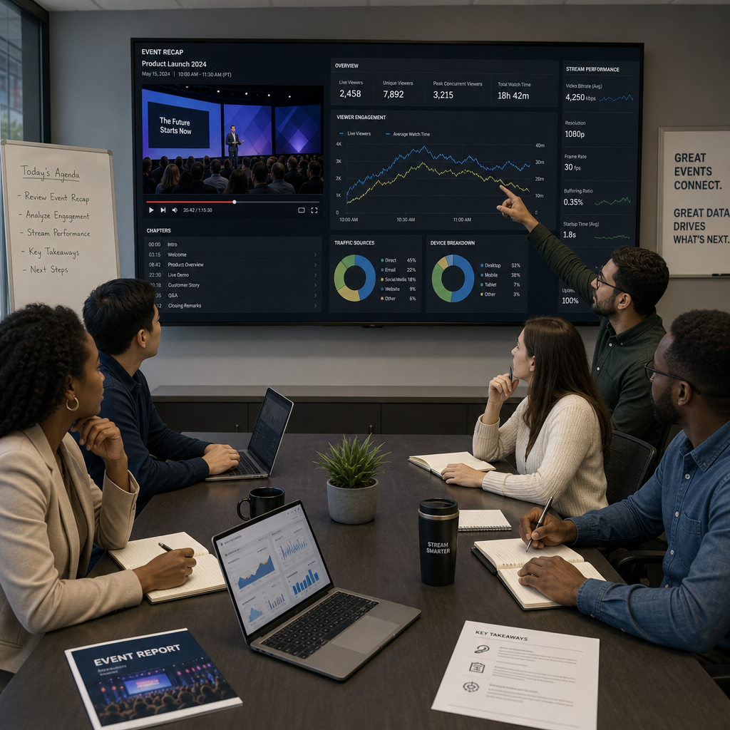 Team reviewing live streaming performance metrics and post-event analytics on a large screen display