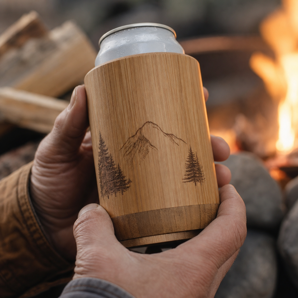 Hands holding a natural wood beverage insulator near a camping fire