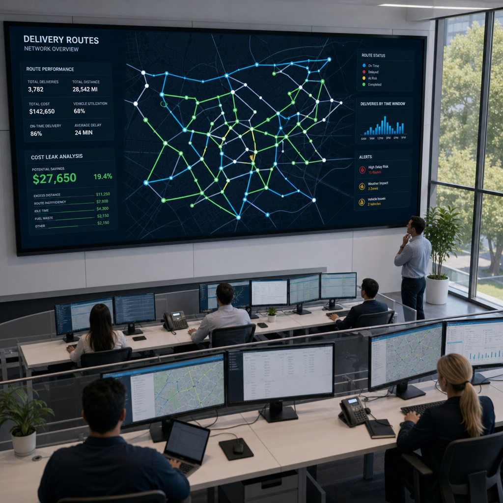 Overhead view of logistics operations center with digital route visualization displaying inefficient delivery patterns