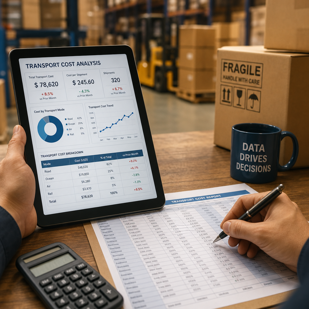 Hands analyzing transport cost data on tablet with shipping boxes in warehouse setting