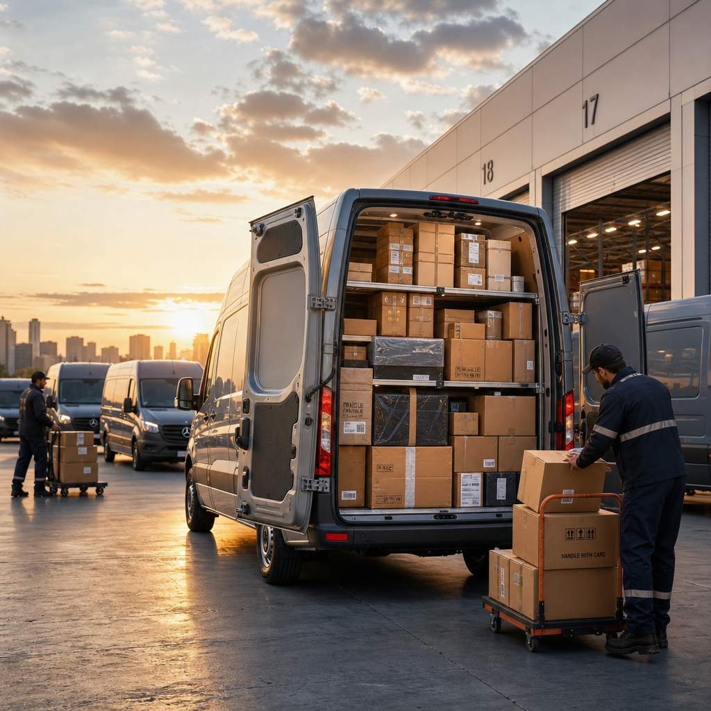 Delivery van being unloaded at distribution hub showing optimized cargo space and load utilization