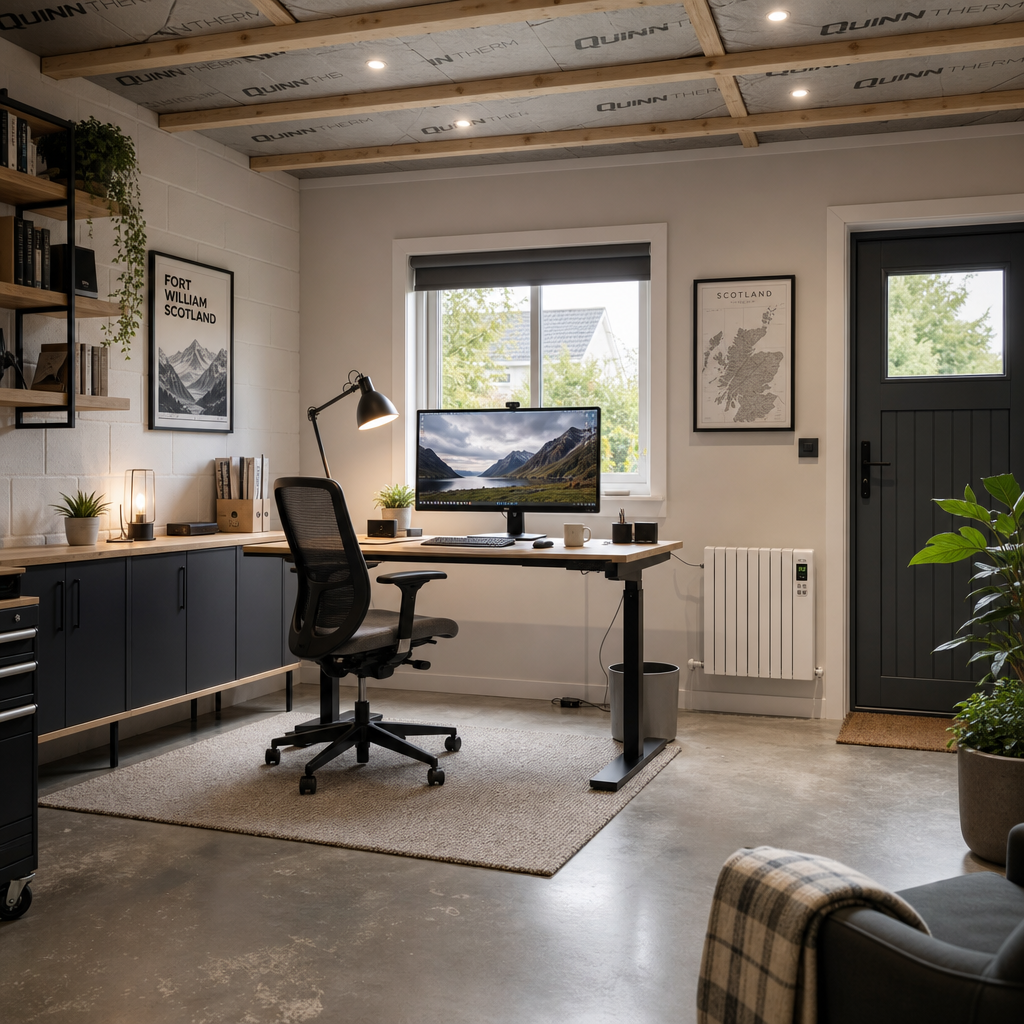 Converted garage home office with modern desk, natural lighting, and professional setup