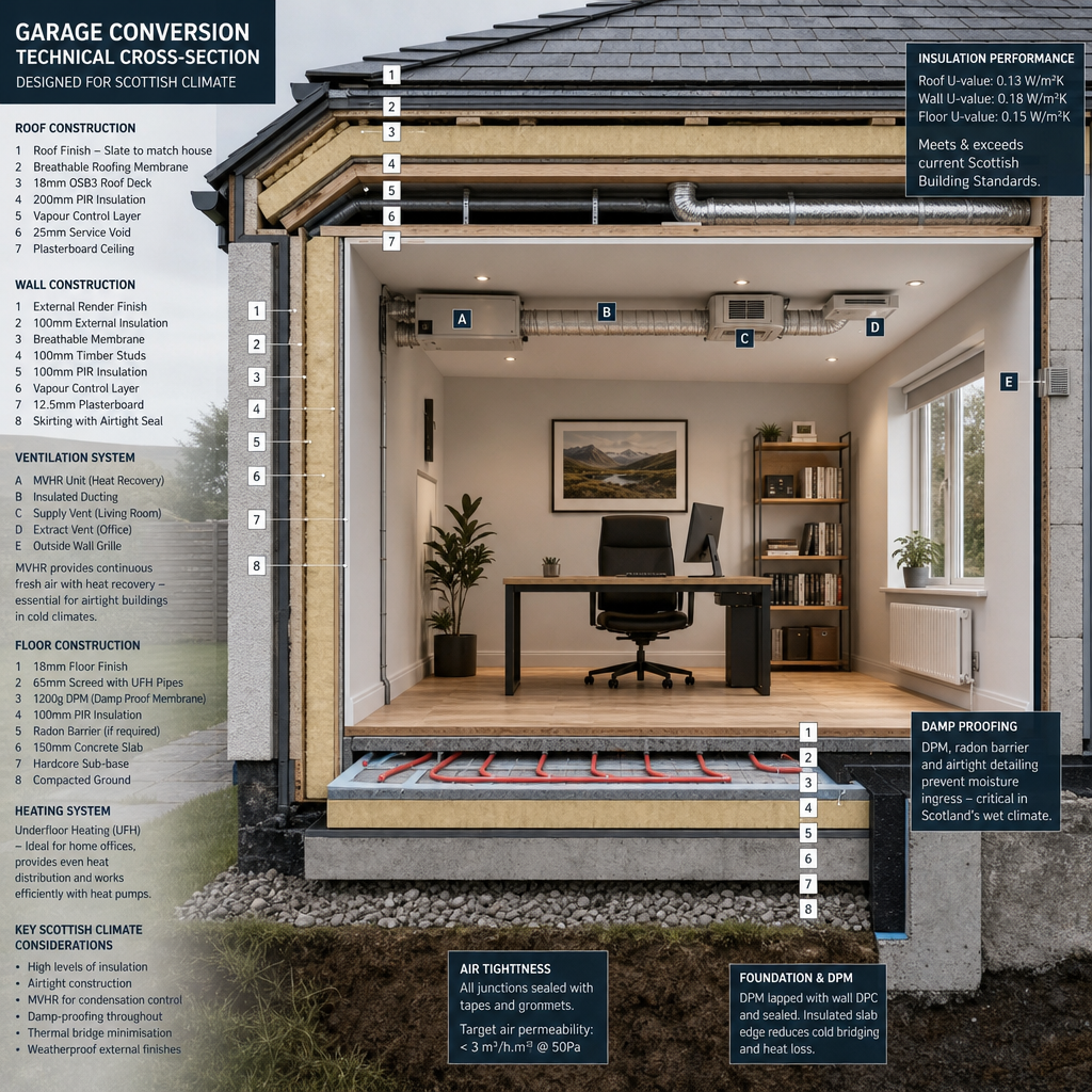Technical view of garage conversion construction showing insulation and damp-proofing systems