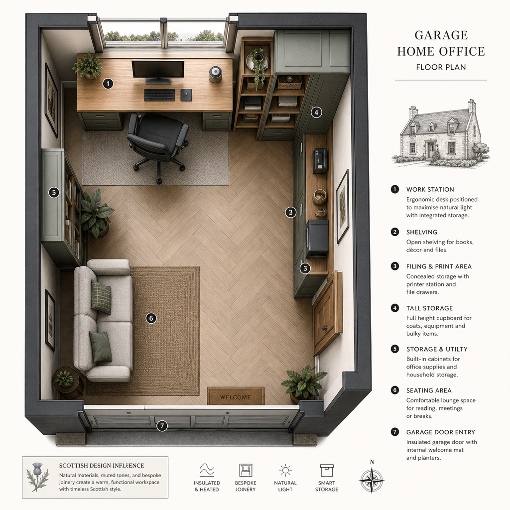Floor plan layout of converted garage office with fitted joinery and furniture placement