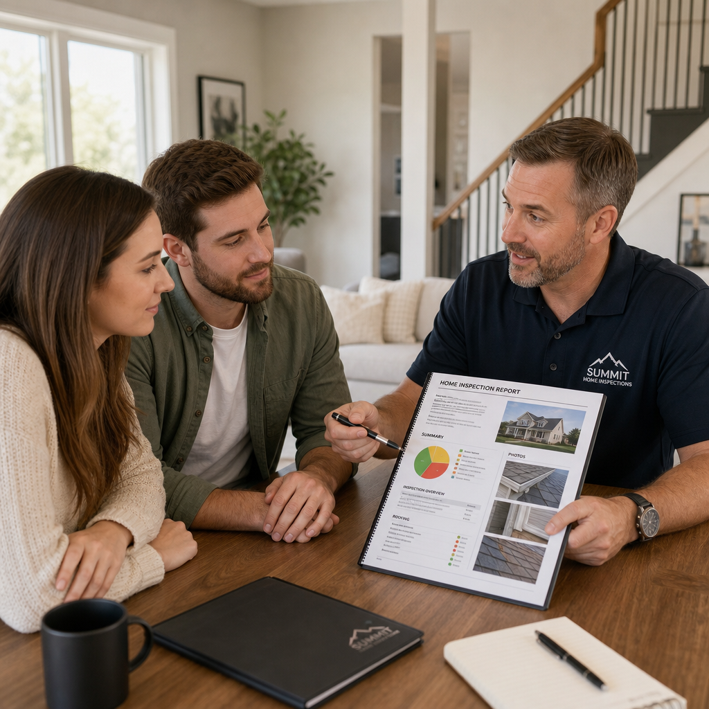 Inspector reviewing detailed handover inspection report with new homeowners