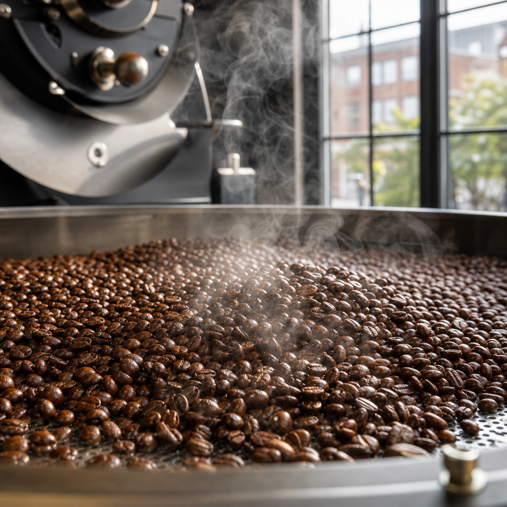 Freshly roasted coffee beans cooling on a metal tray in a specialty roastery