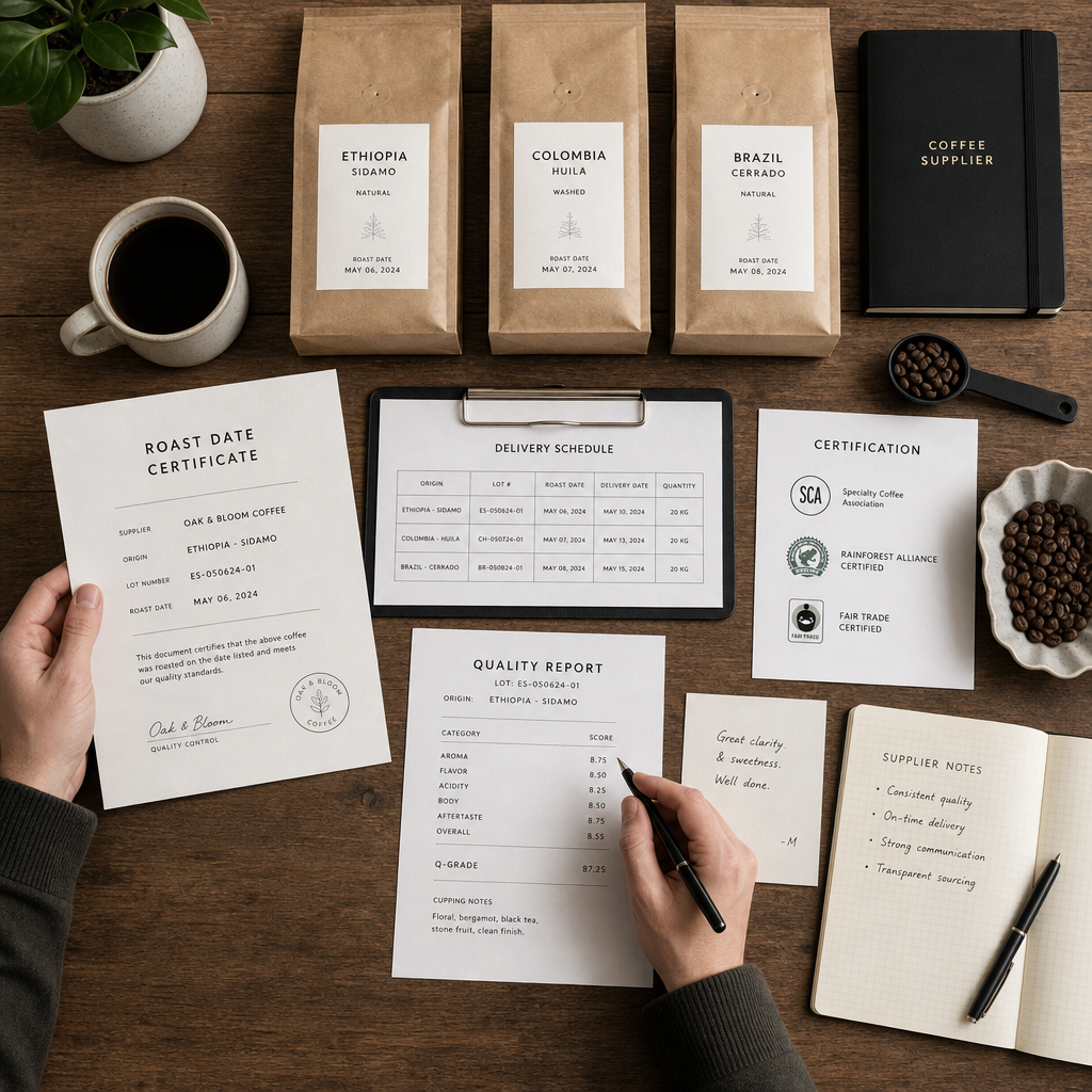 Cafe owner reviewing coffee supplier documents and samples on a workspace desk