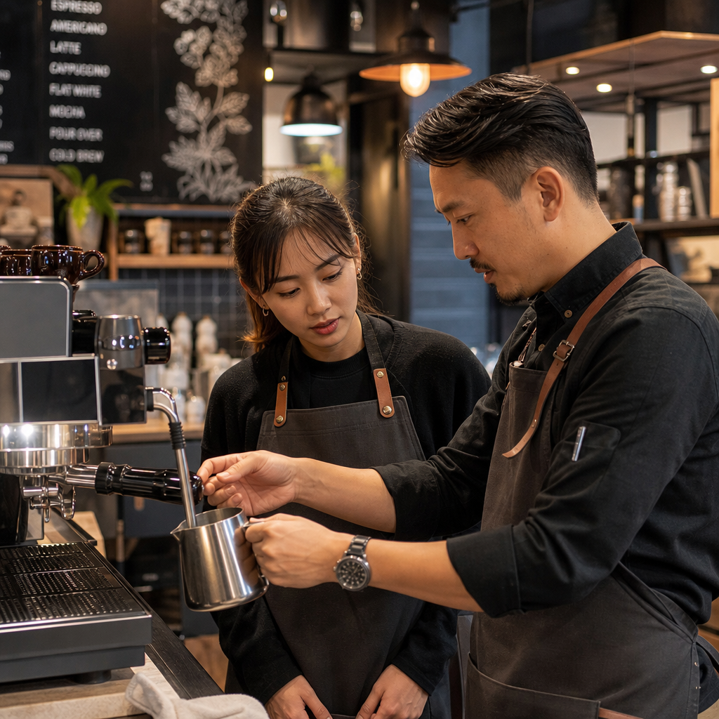 Barista receiving hands-on training at espresso equipment in a cafe kitchen