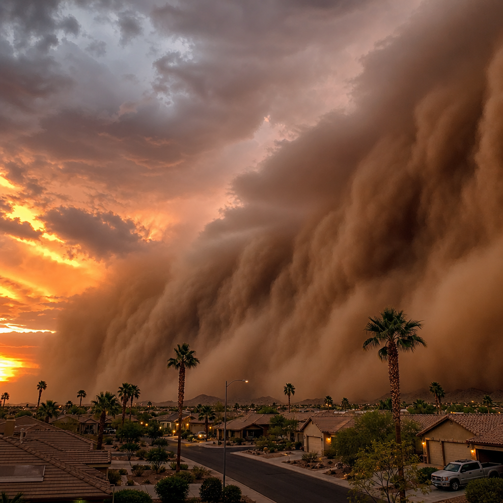 Massive dust storm approaching Phoenix suburbs with intense brown clouds