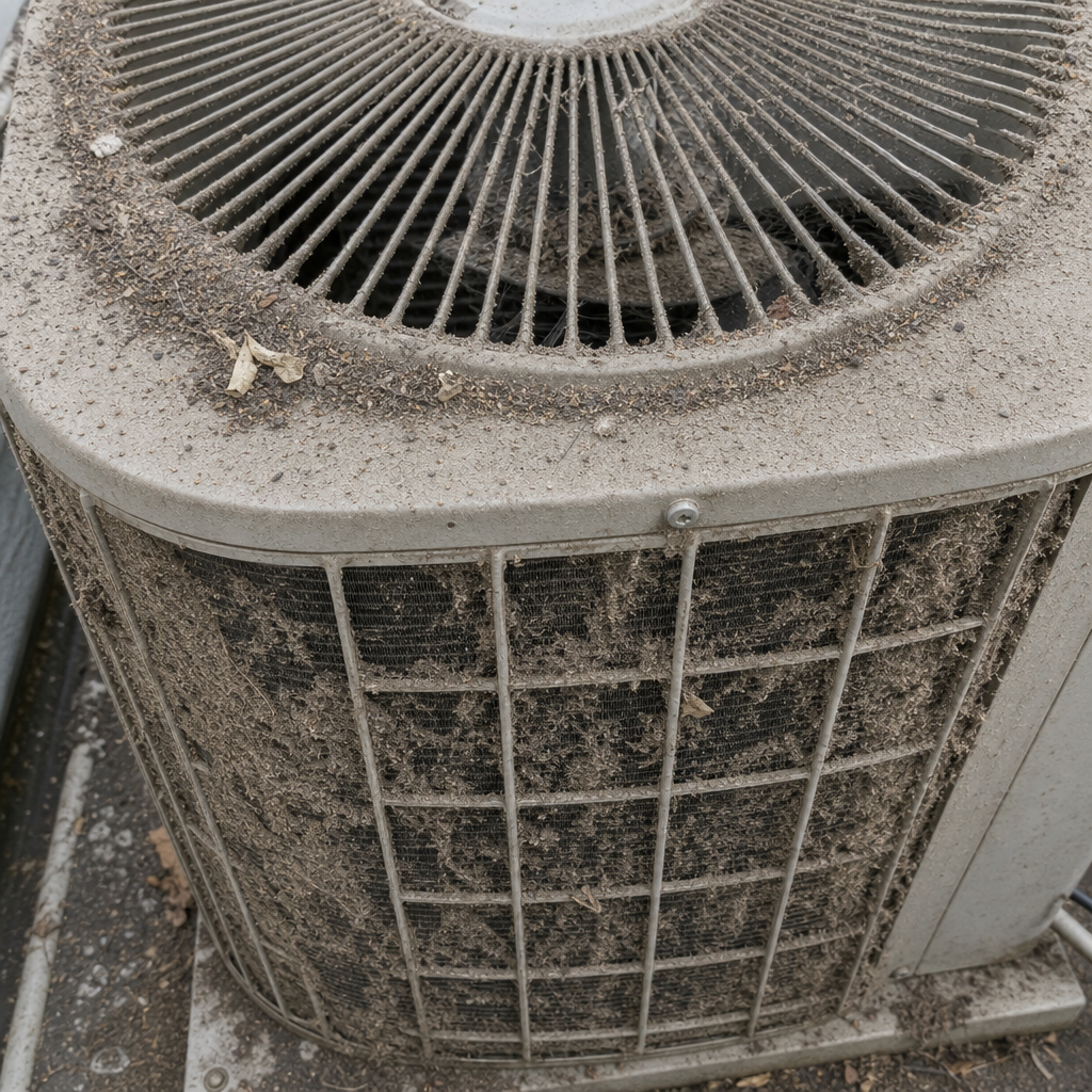 Dusty AC condenser unit showing buildup from monsoon season