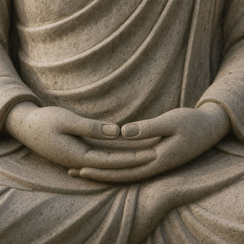 Meditating Buddha statue hands in dhyana mudra position with palms upward