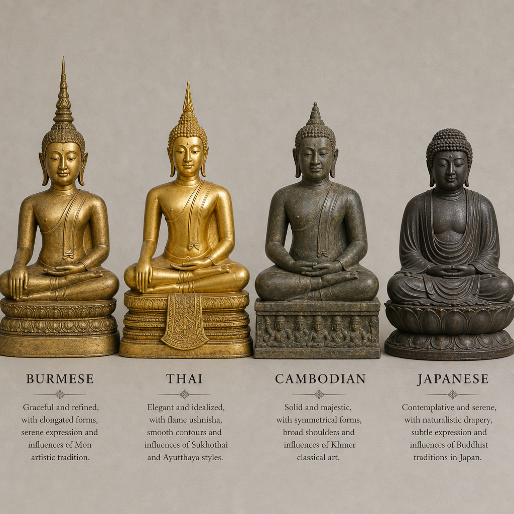Four meditating Buddha statues representing different regional styles arranged for comparison