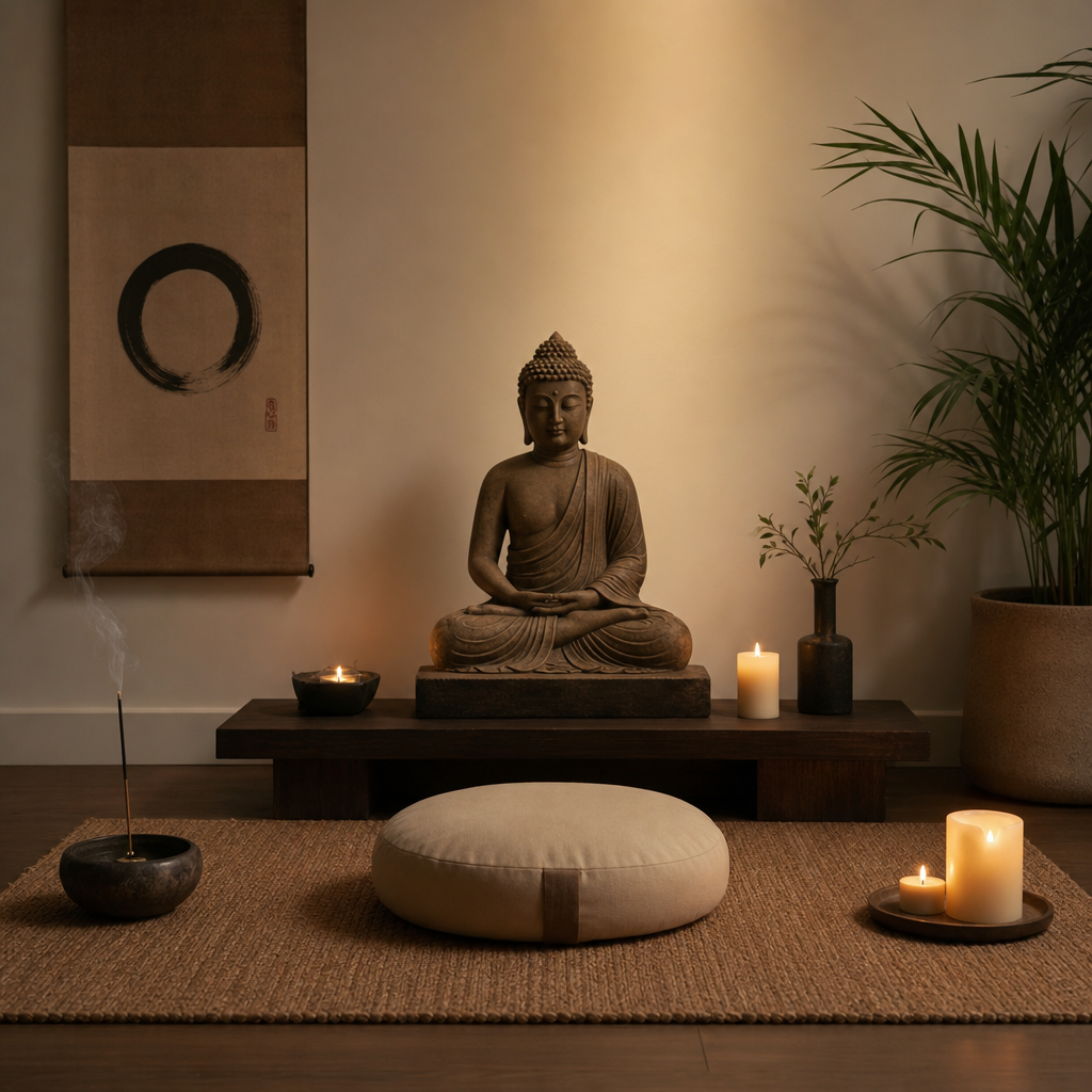 Meditating Buddha statue displayed on a home meditation altar with complementary elements