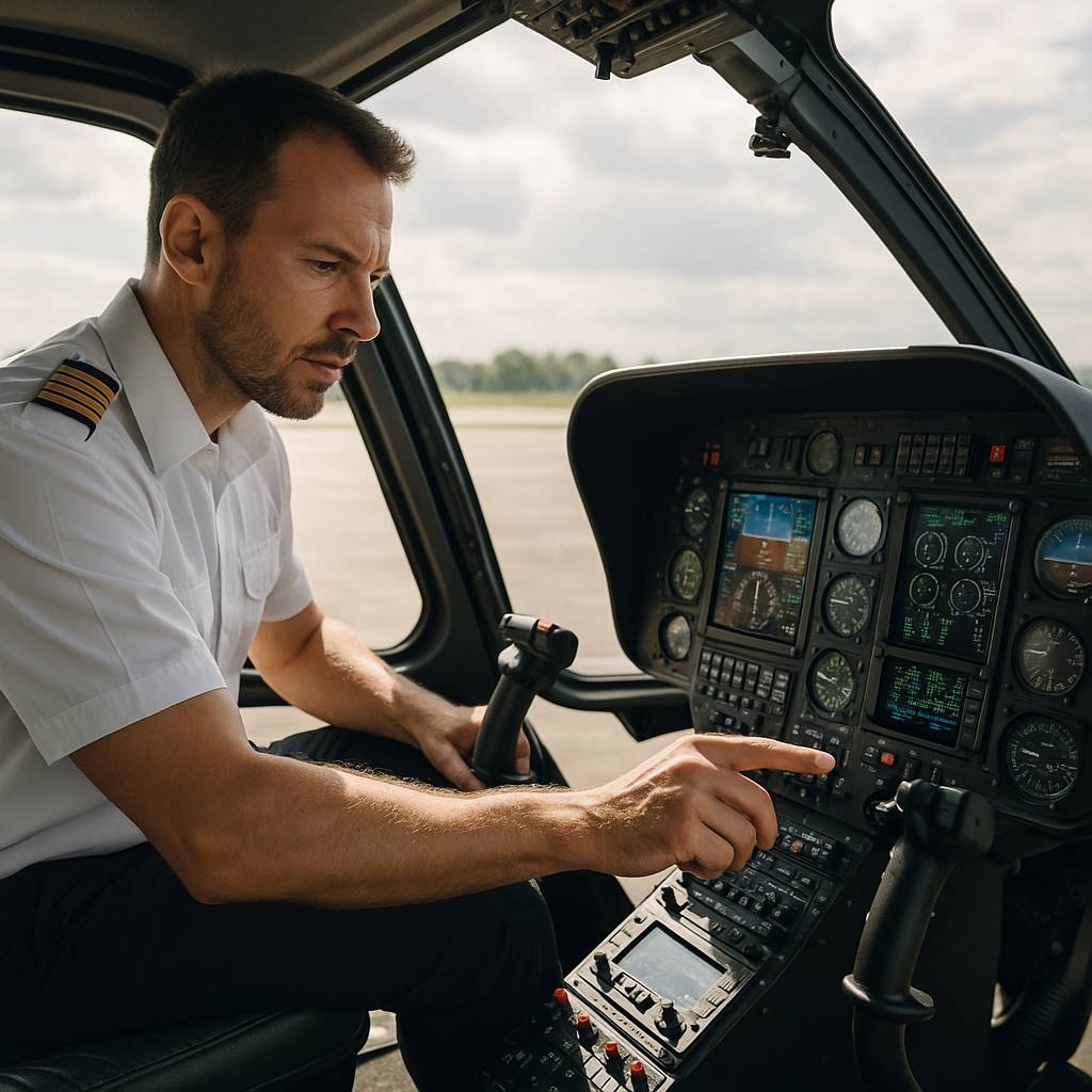 Pilot conducting pre-flight helicopter inspection in modern cockpit