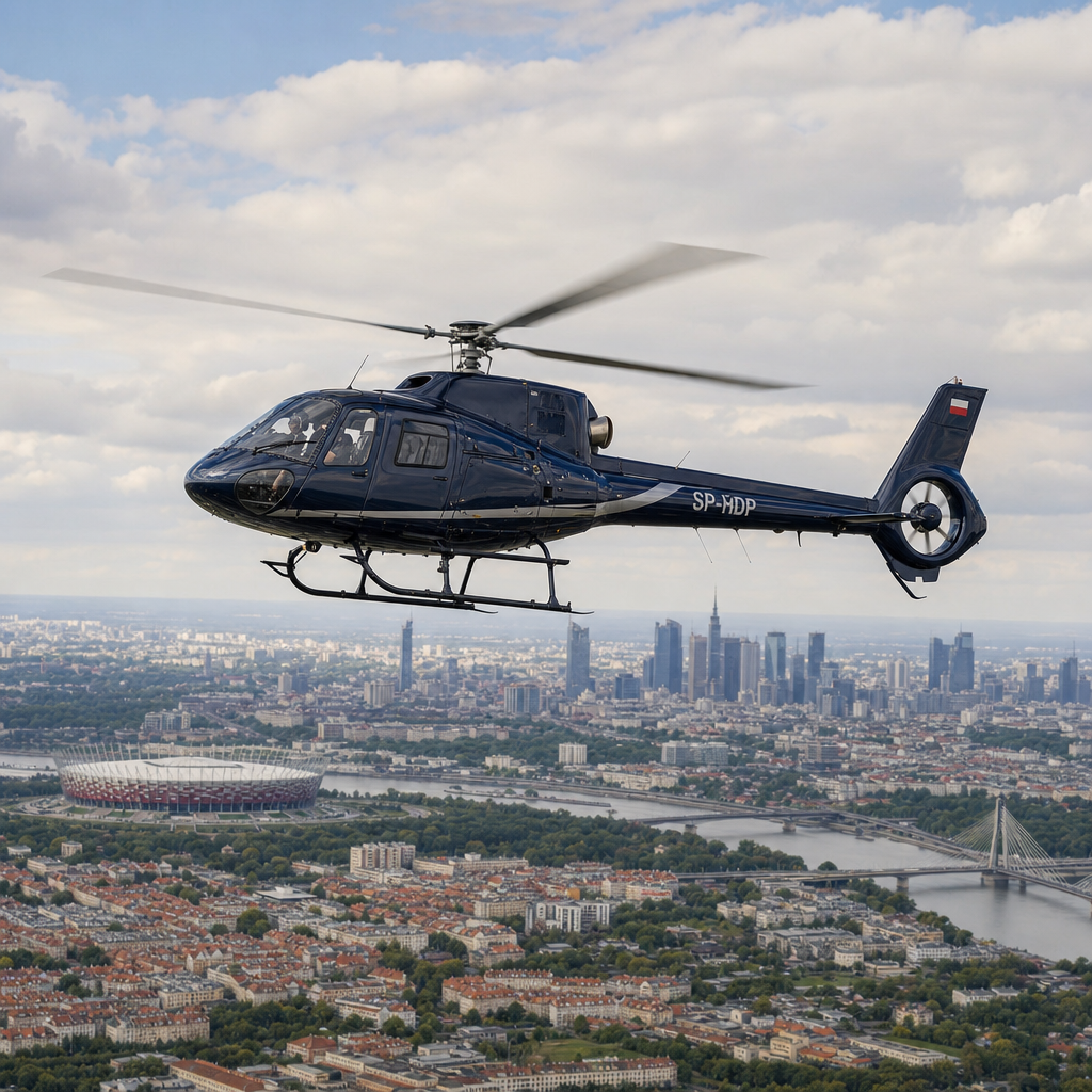 Helicopter in flight over Polish urban landscape