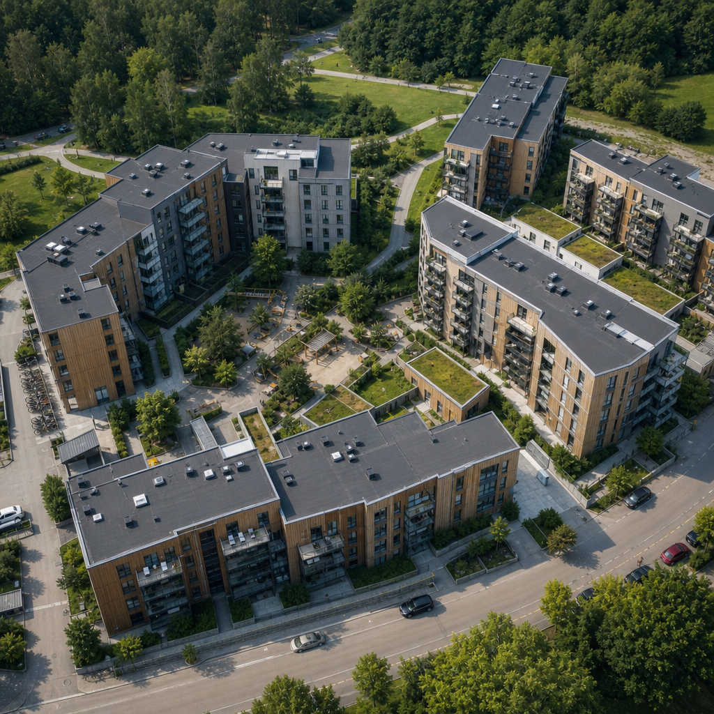 Drone-luftfoto af boligkompleks set fra oven med tage og grønne arealer