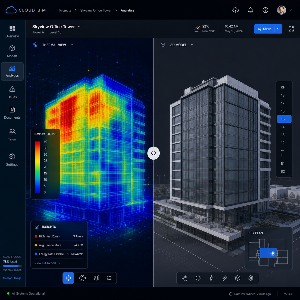 Digitalt termisk varmekort og 3D-bygningsmodel side om side