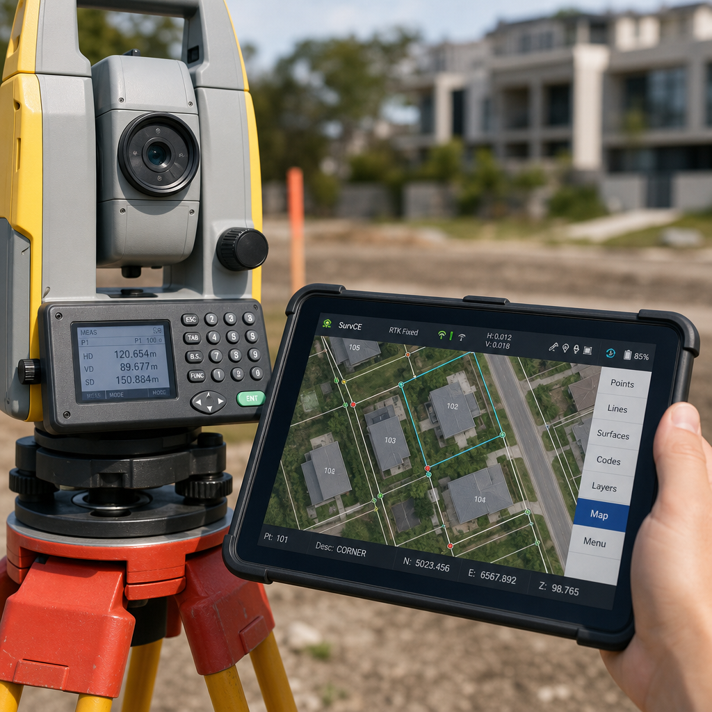 Tablet med GIS-kort og ejendomsdata vist på byggeplads