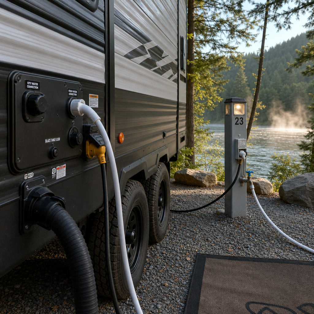 RV parked at hookup campsite with forest and river view