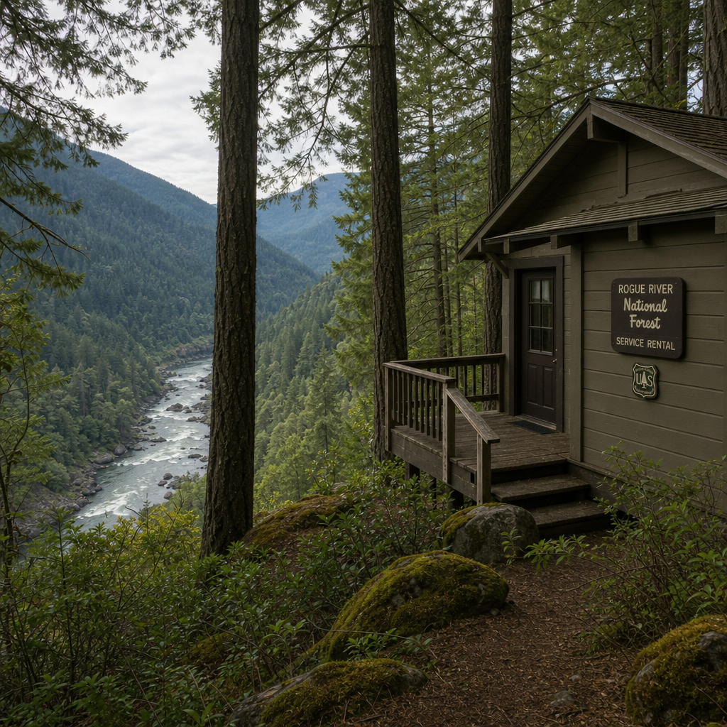 Forest service cabin overlooking Rogue River valley among tall trees