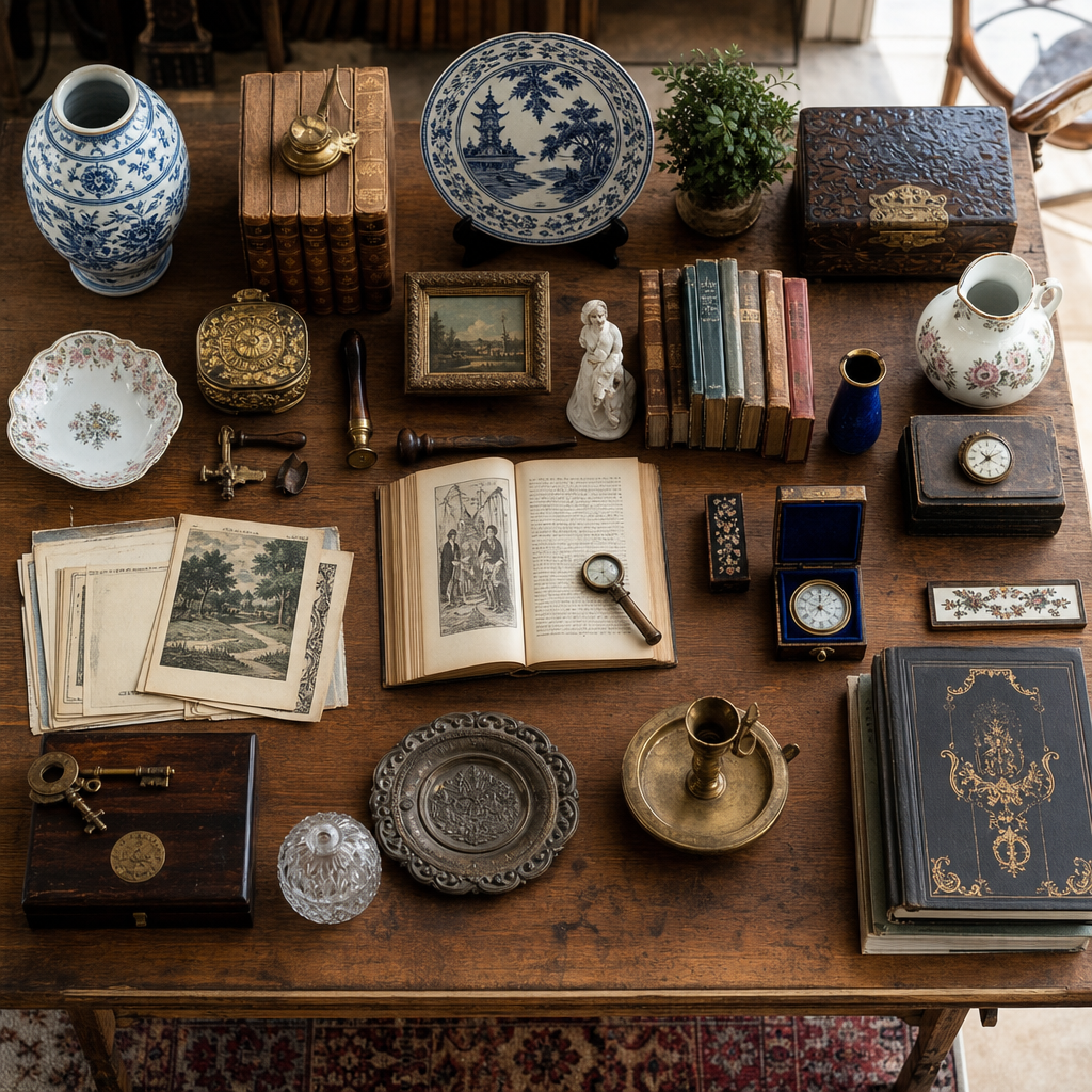 Sammlung verkaufen Wien: Der Ankaufsprozess bei Vienna Antique 2 Organisierte Sammlung von Antiquitäten auf Holztisch mit natürlichem Licht