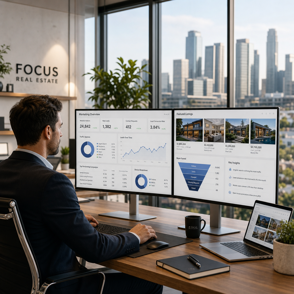 Real estate agent analyzing property listings and marketing analytics on multiple computer monitors