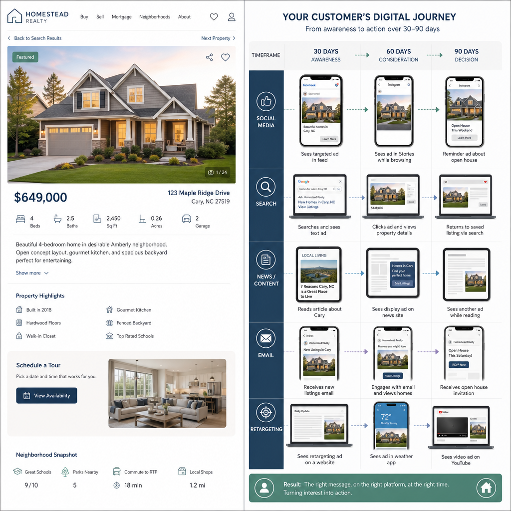 Visual timeline showing customer journey from initial property listing view to remarketing touchpoints across multiple platforms