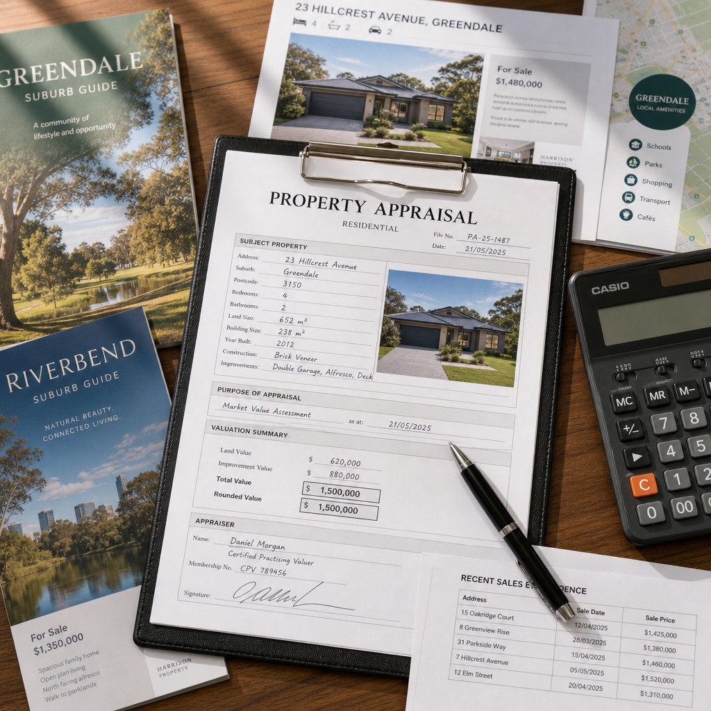 Property appraisal request form and real estate documentation arranged on a wooden desk