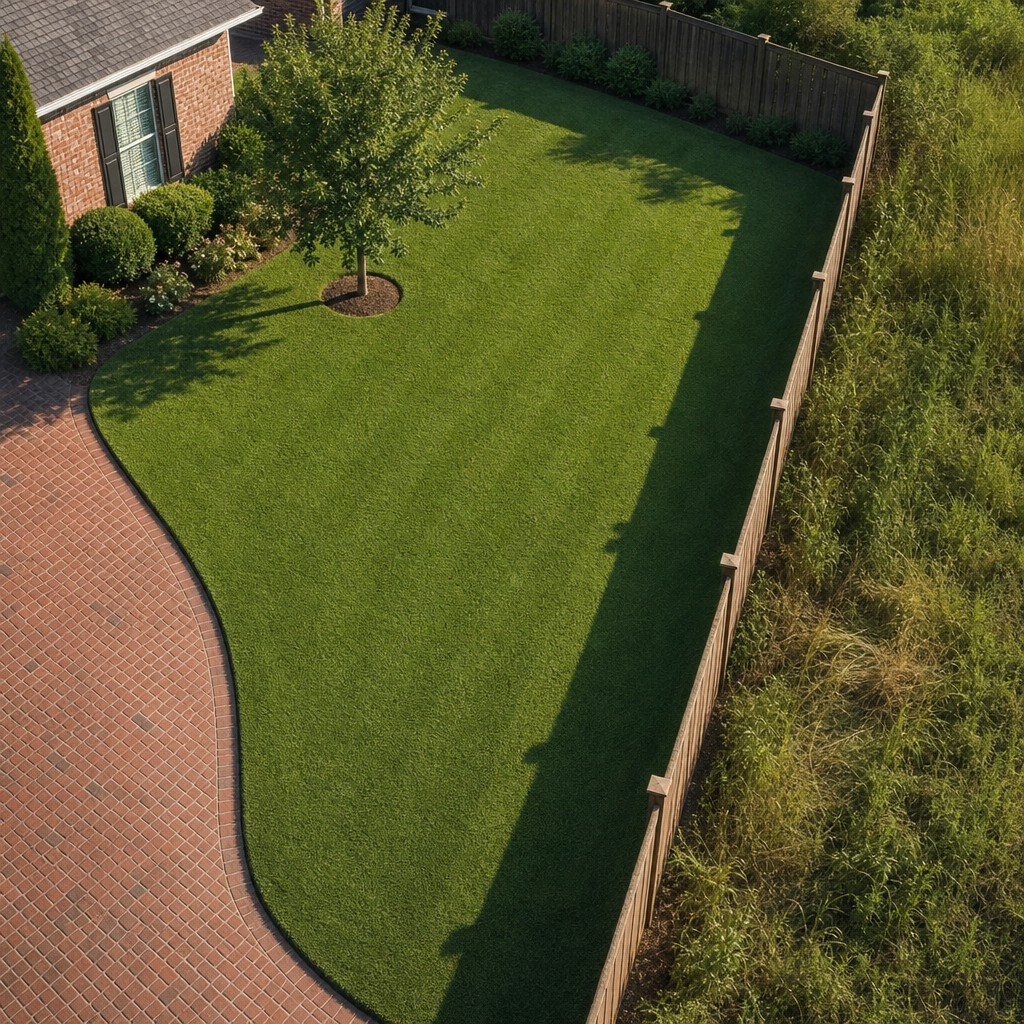 Aerial view of a well-maintained lawn with sharp trimmed edges along driveway and fence