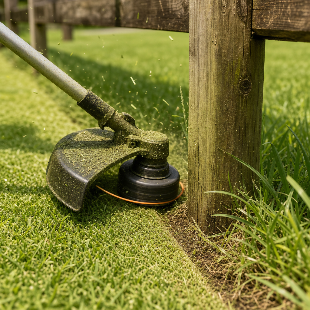 Close-up of string trimmer working along fence line with visible grass clippings