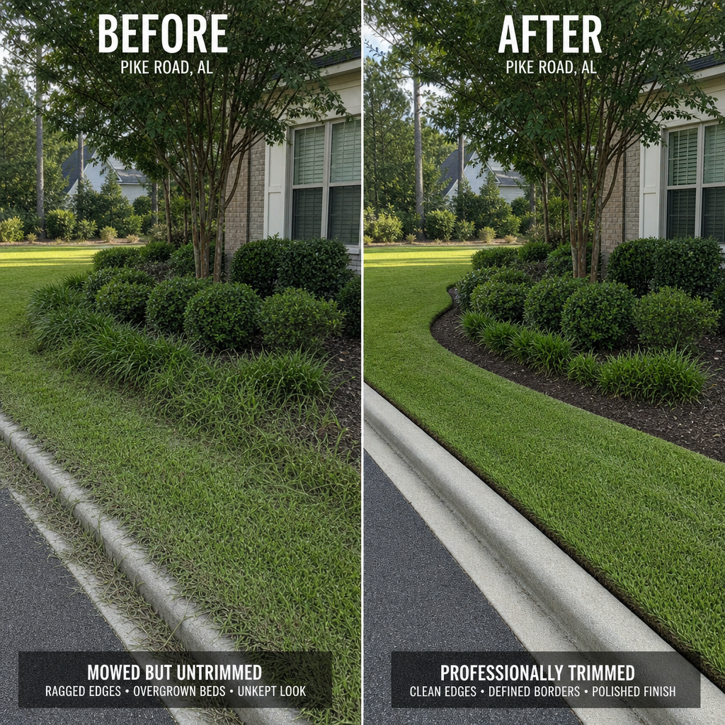 Before and after comparison of lawn corners showing the impact of string trimming
