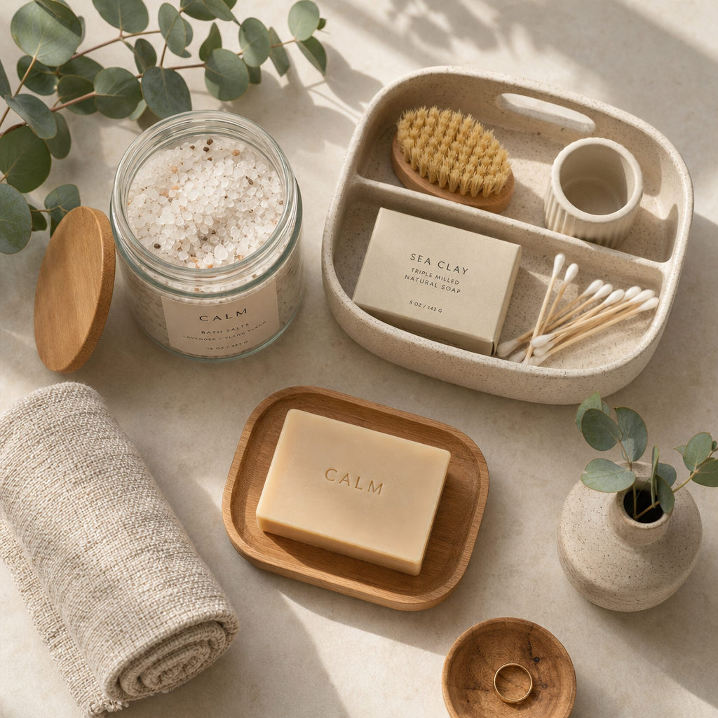 Organized bath essentials arranged on a bathroom counter with bath salts, soap, towel, and plants