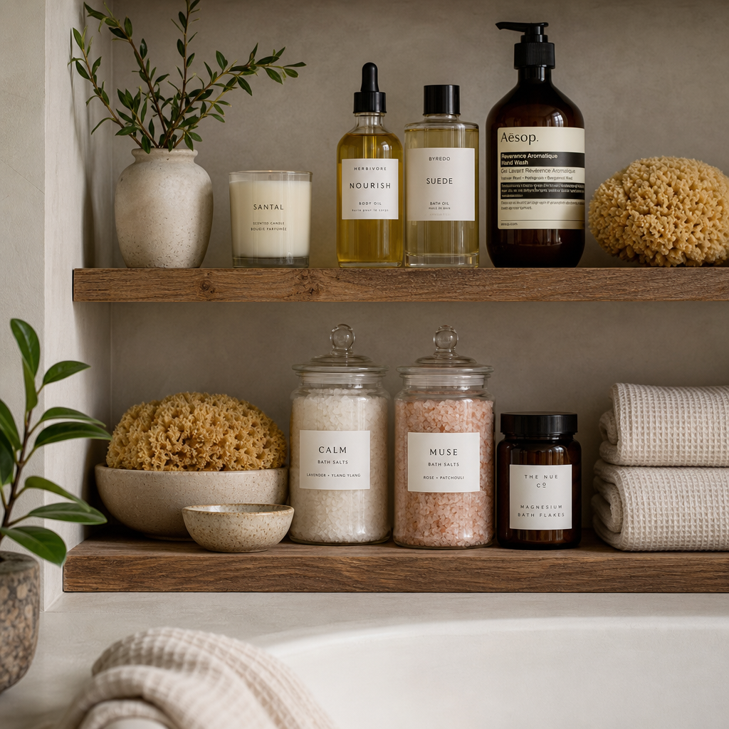 Bathroom shelf styled with premium bath products, oils, salts, and natural bath tools in minimalist arrangement