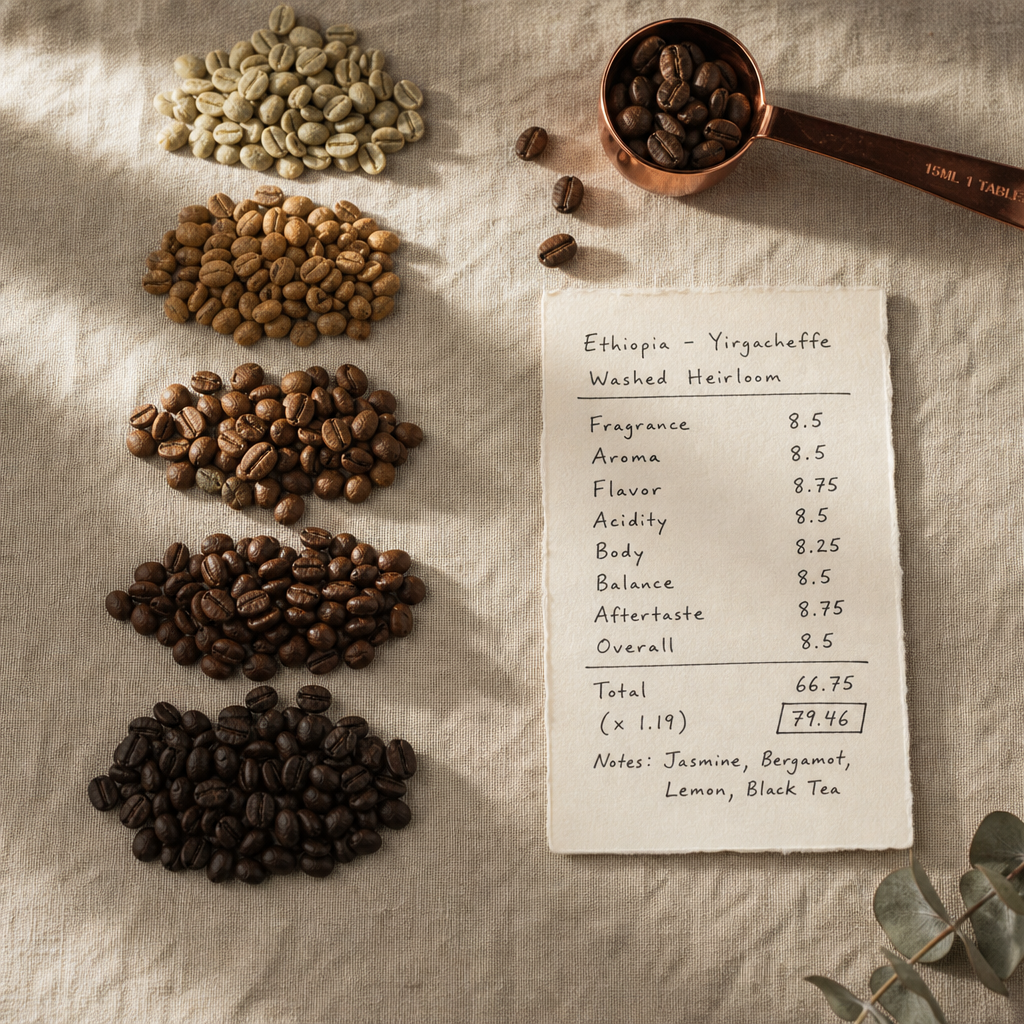 Specialty coffee beans with cupping notes and measuring tools on linen