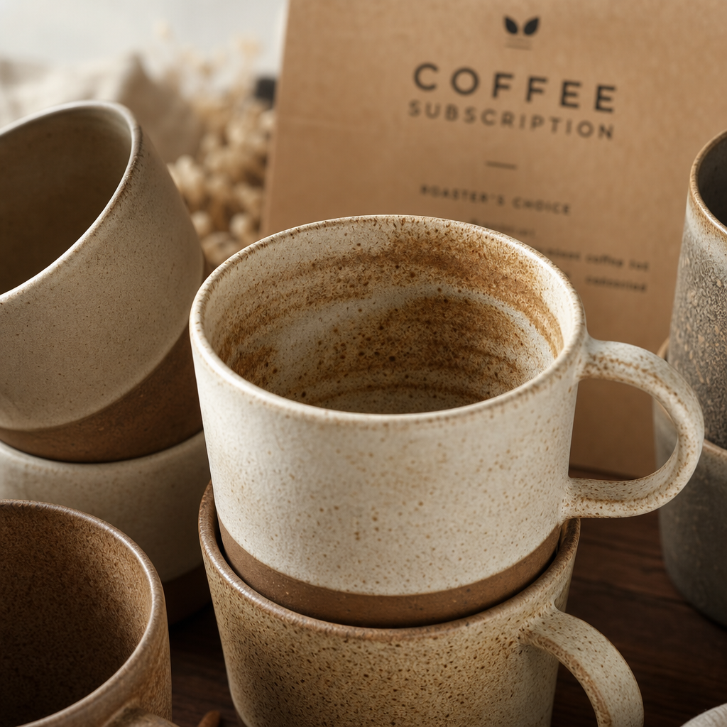 Artisanal ceramic mugs showcasing handmade glaze details